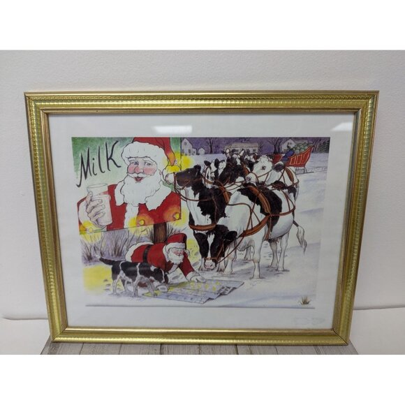 Jane McClure Jane's Prints Santa Claus with Map Cows Farm Country Framed Print - Picture 1 of 4